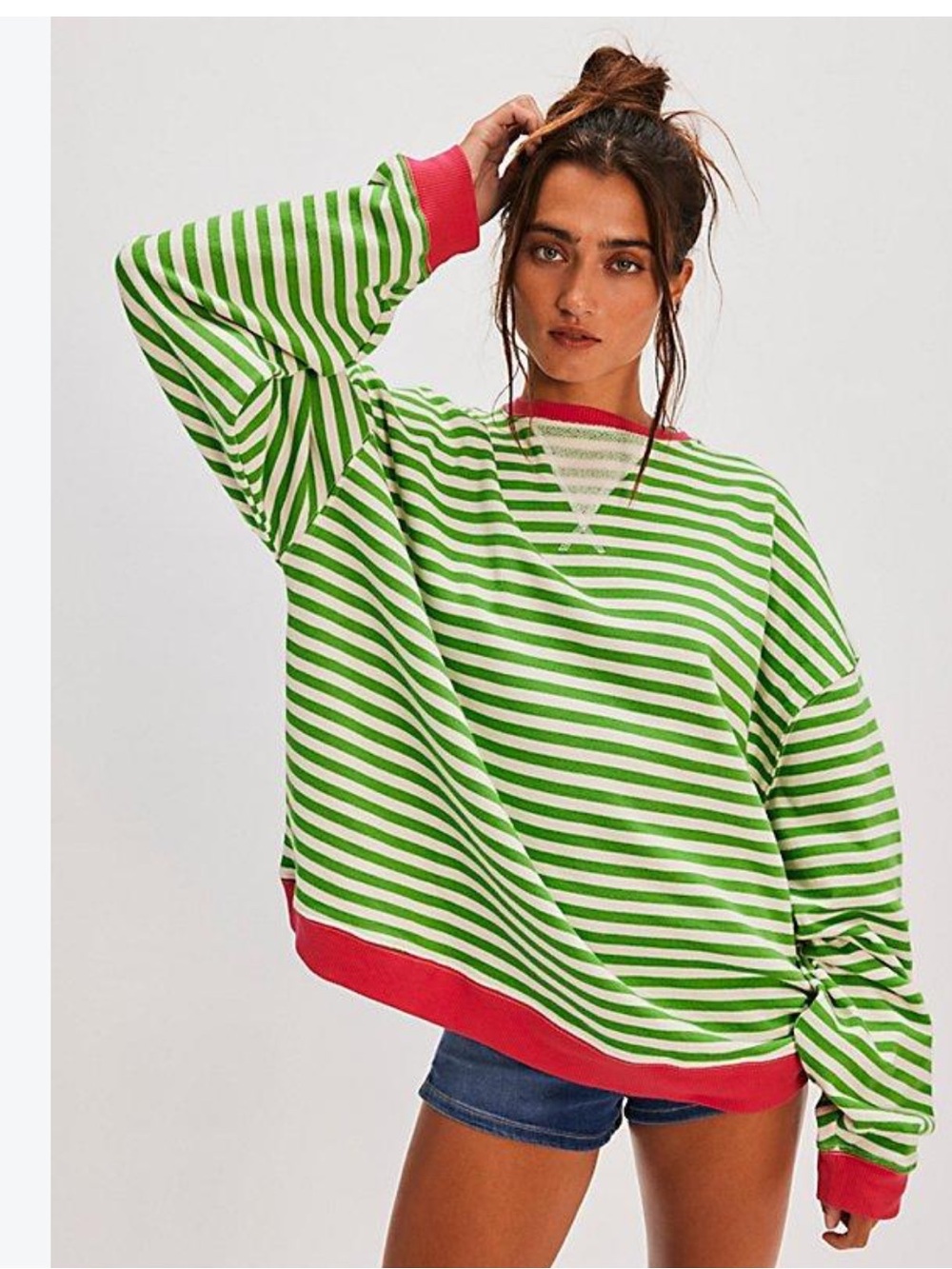 We The Free Green & White Striped Oversized Crewneck with Hot Pink Trim